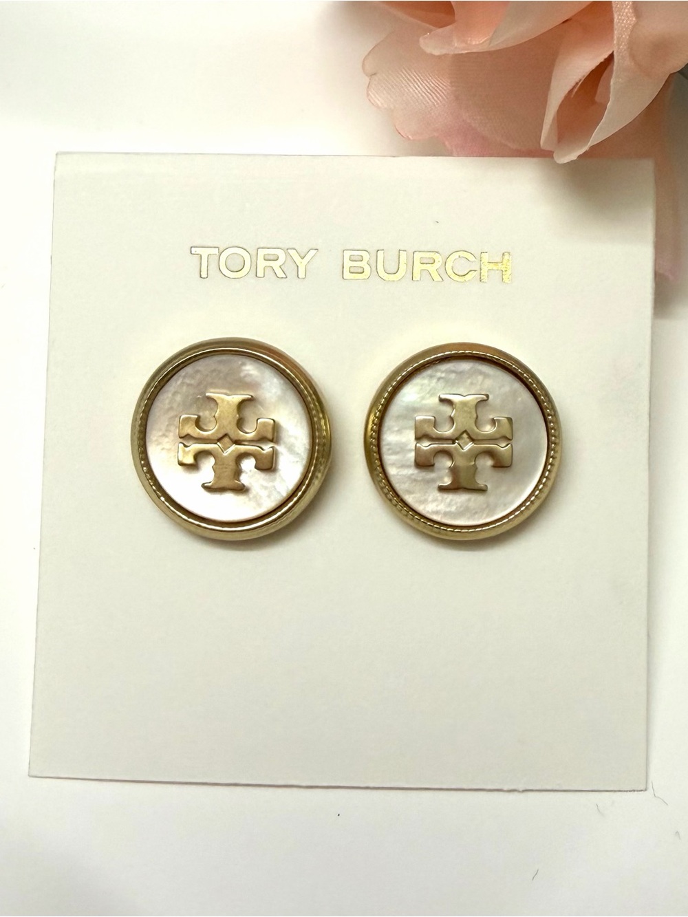 Tory Burch Gold Logo Button Earrings with Mother-of-Pearl
